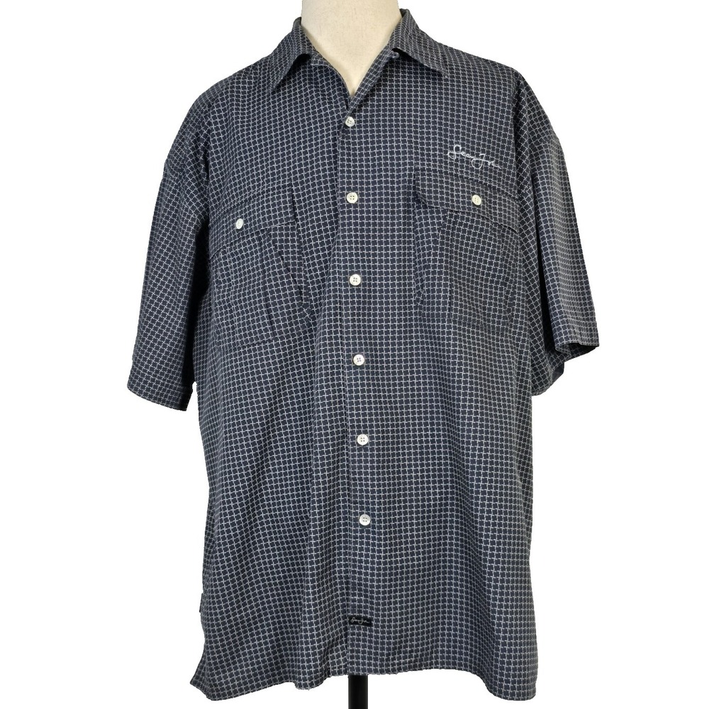Sean John Mens Shirt XXL Blue/Silver Abstract Diamond Button-up Short Sleeve